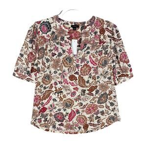 NEW Women's Floral Ann Taylor Casual Button Short Sleeve Ruffle Blouse Top Small